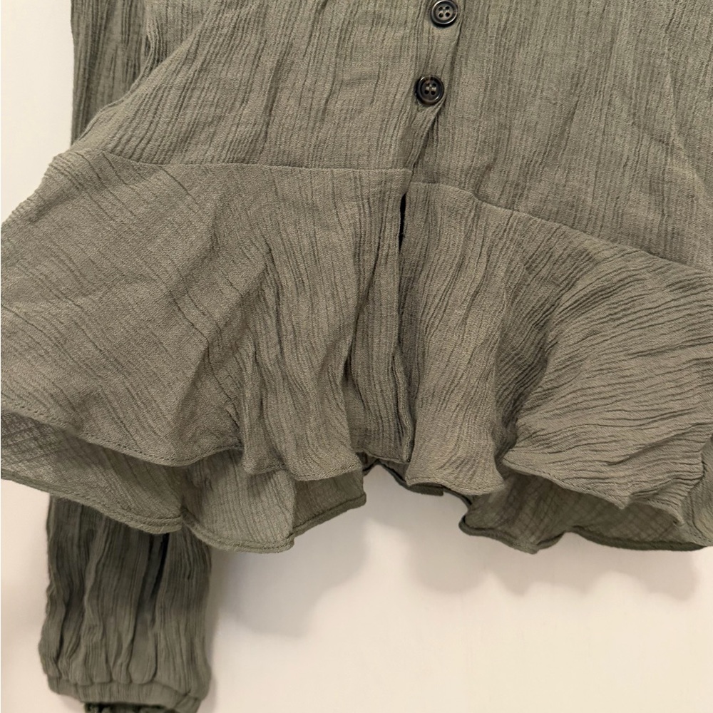 Topshop Olive Button-Up Ruffle Blouse - Picture 3 of 6